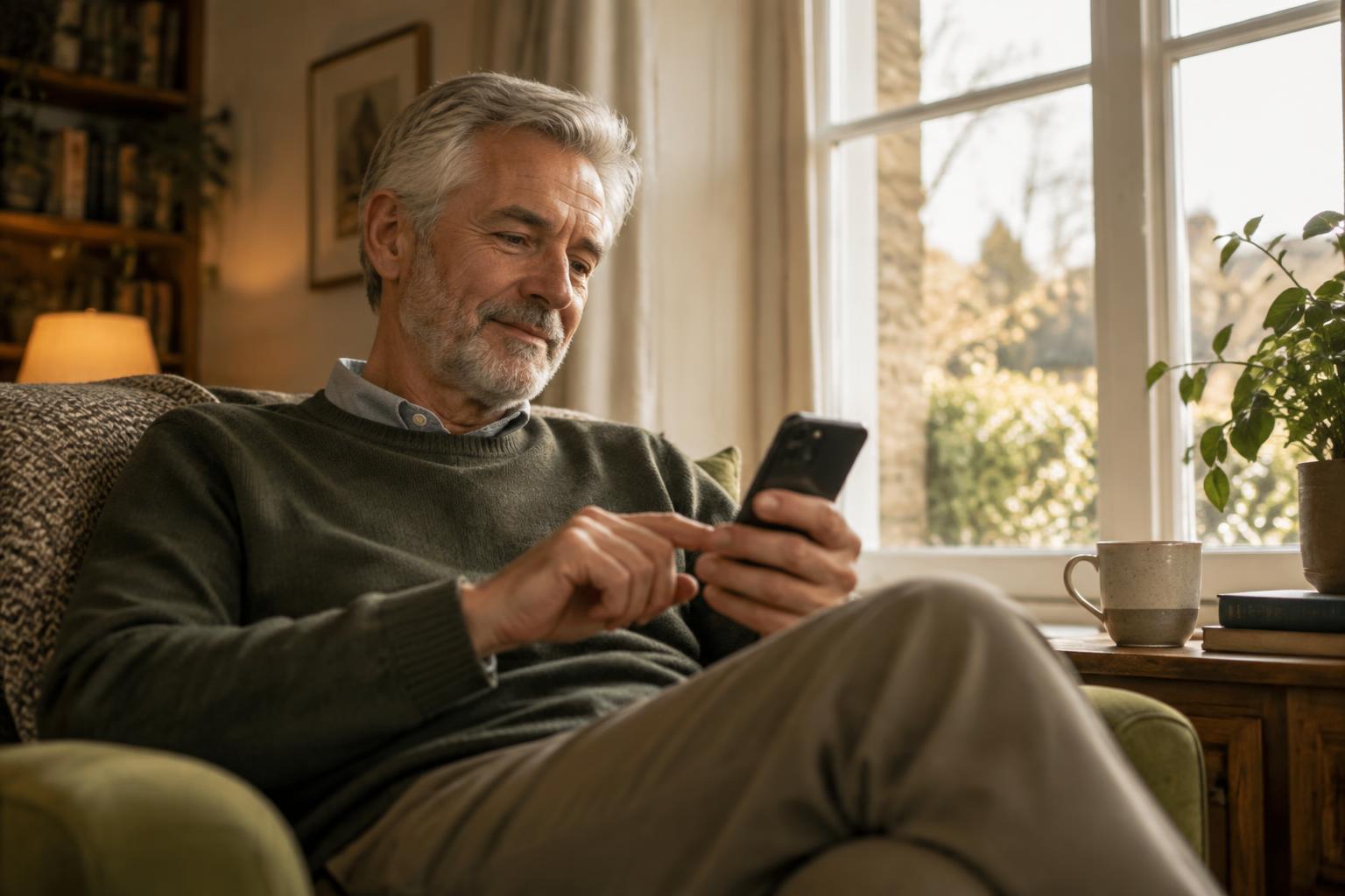 A man checking his phone while relaxing at home