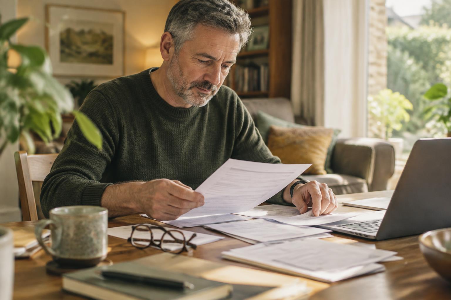 A man reviewing paperwork at his kitchen table